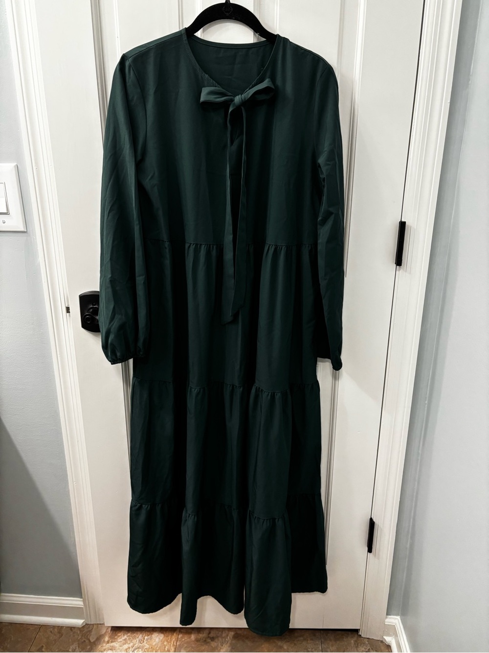 Long Sleeve Tie-Neck Maxi Dress in Deep Green
